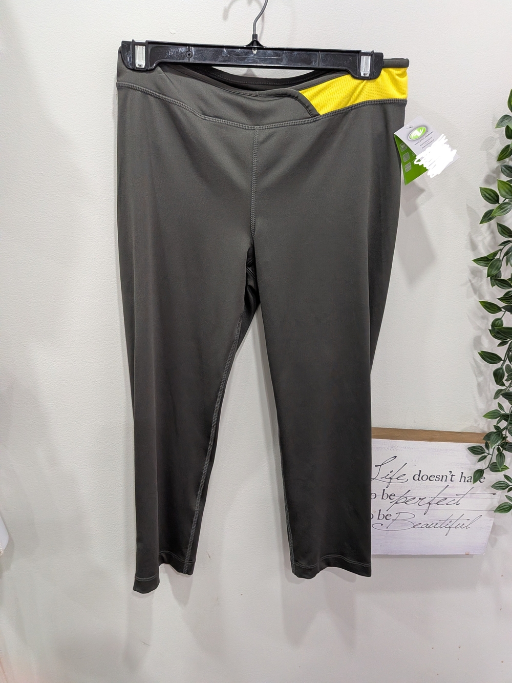 BNWT Athletic Works Olive Crop Active Pants with Yellow Waistband